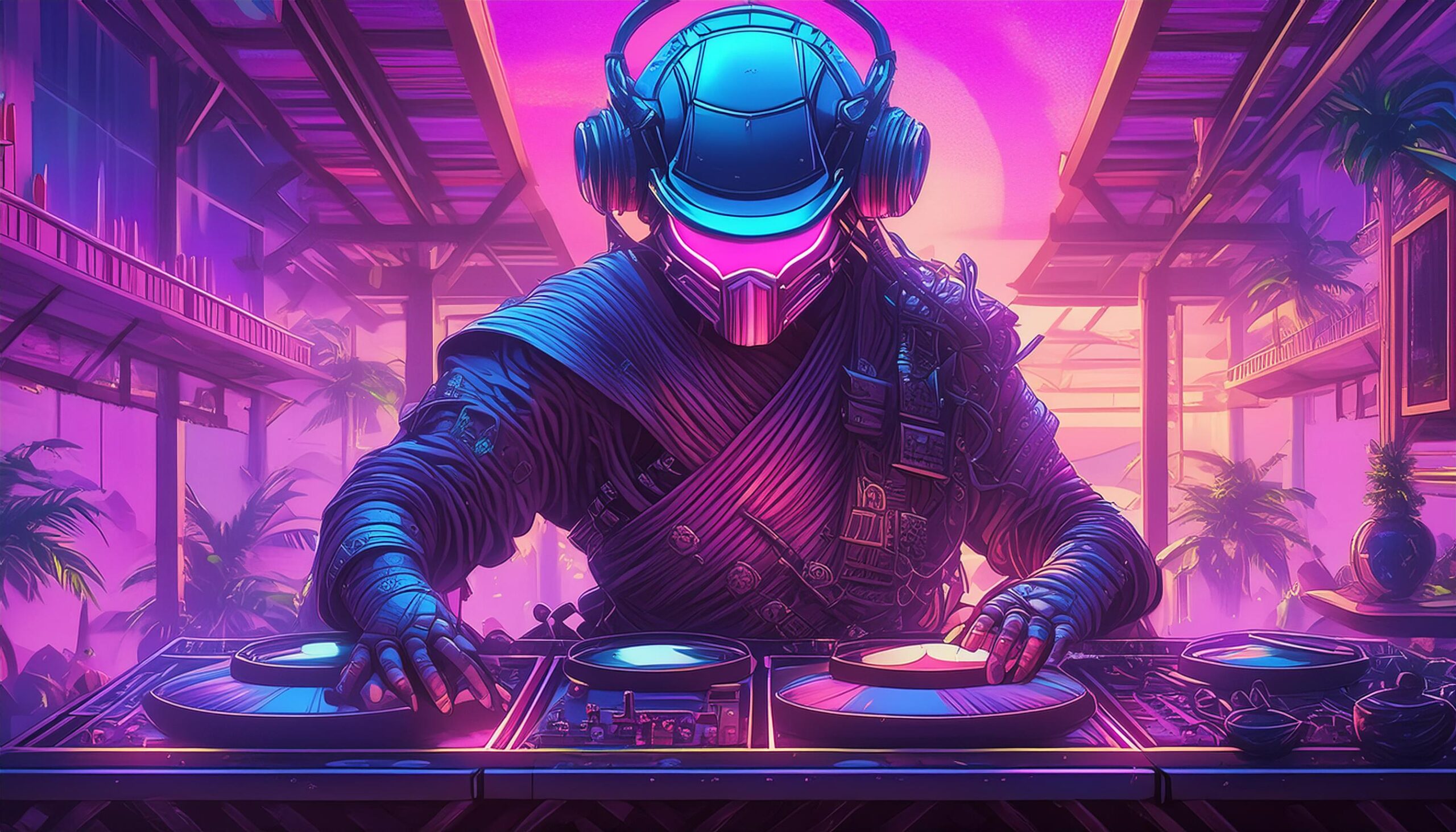 ninja samourai cyborg DJ dans un dojo du futur aux couleurs synthwave cyberpunk